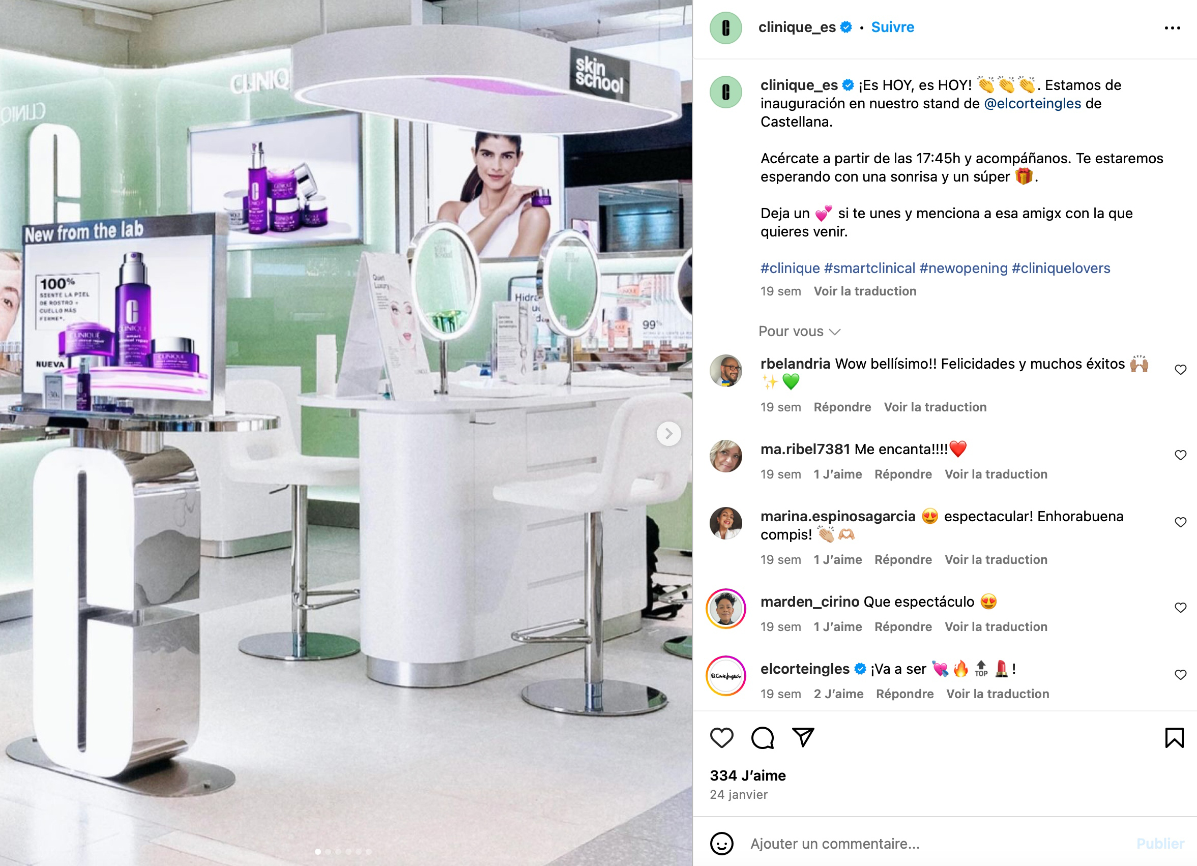 Capture du compte Instagram Clinique qui celèbre l'ouverture du stand Clinique à El Corte Inglés Castellana
